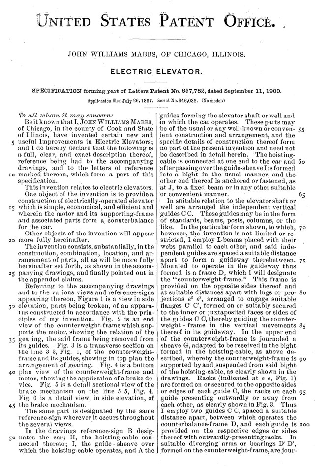 Mabbs Electric Elevator patent