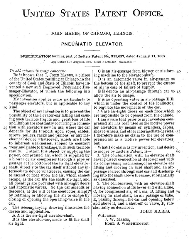Mabbs Pneumatic Elevator patent