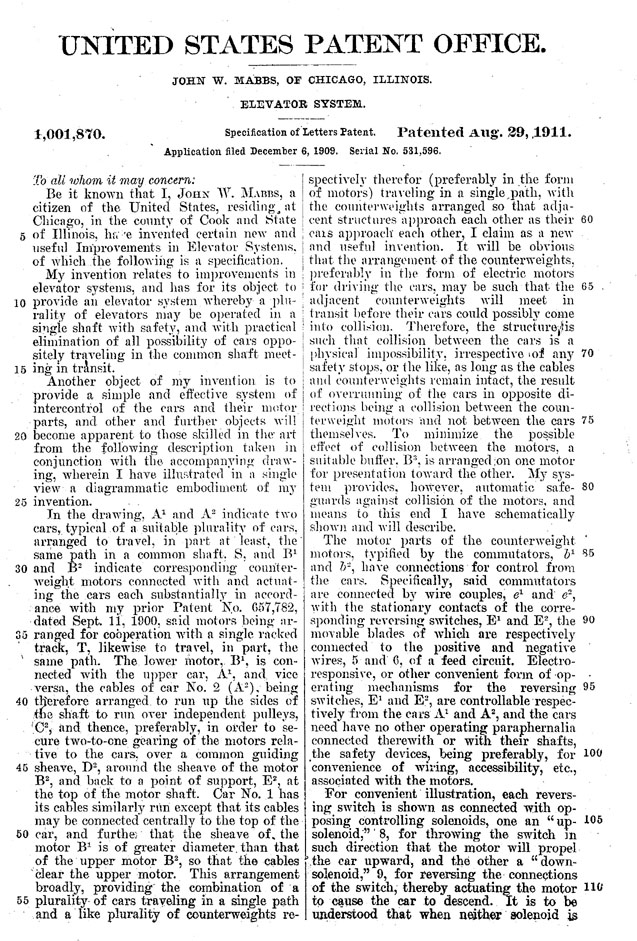 Mabbs elevator system patent