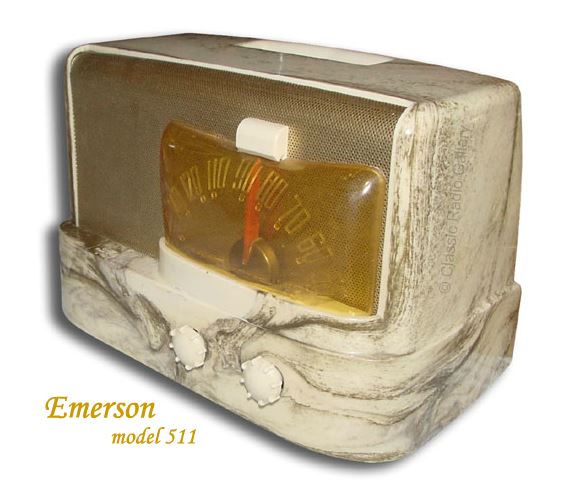 Emerson Radio model 511, white plaskon with gold marbling