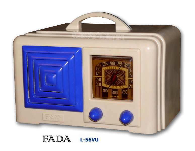 Fada Radio model L56 bakelite series, white plaskon with blue grille