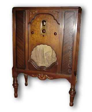 Philco Radio model 76 console with scenic tapestry grille cloth, 1929