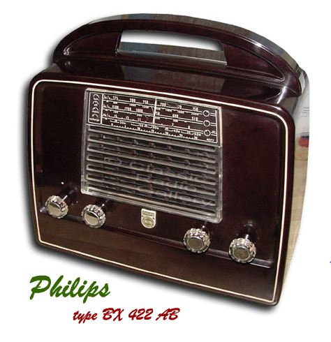 Philips Radio model BX 422 AB, brown bakelite, handle, ac-dc, 1952, Dutch
