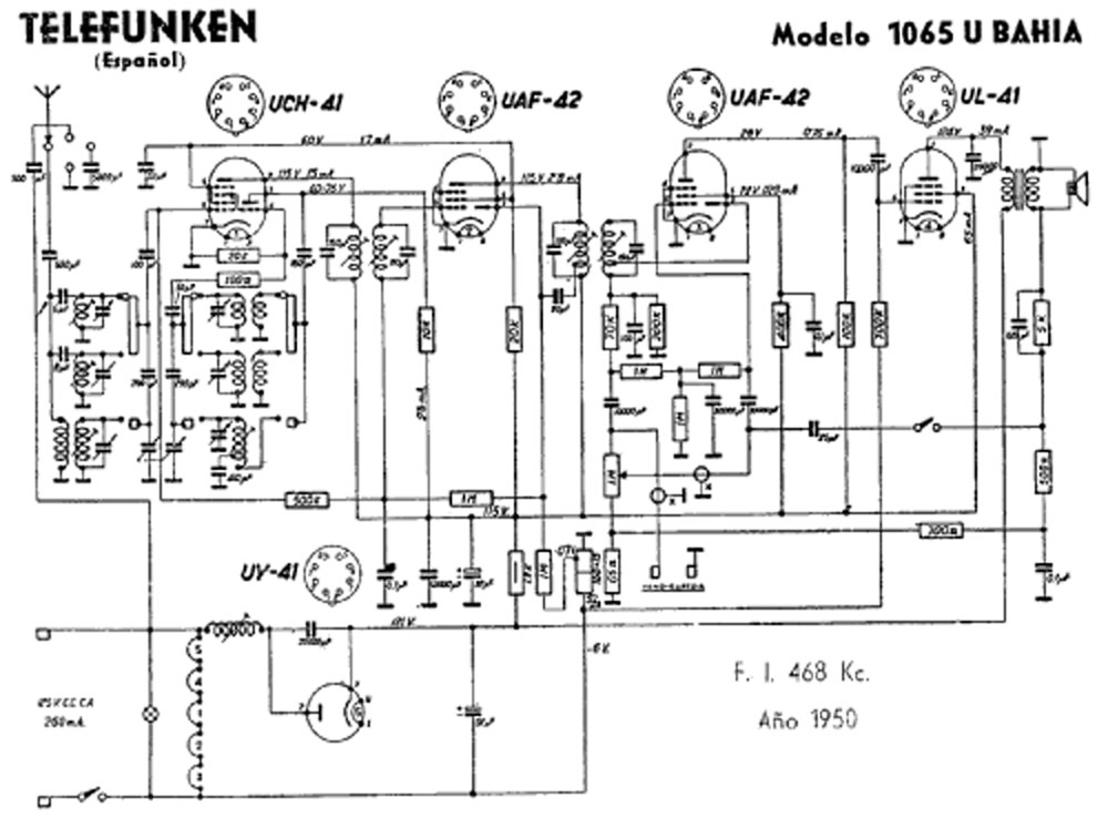 Telefunken Bahia 1065U bakelite radio schematic, 1950, Spain