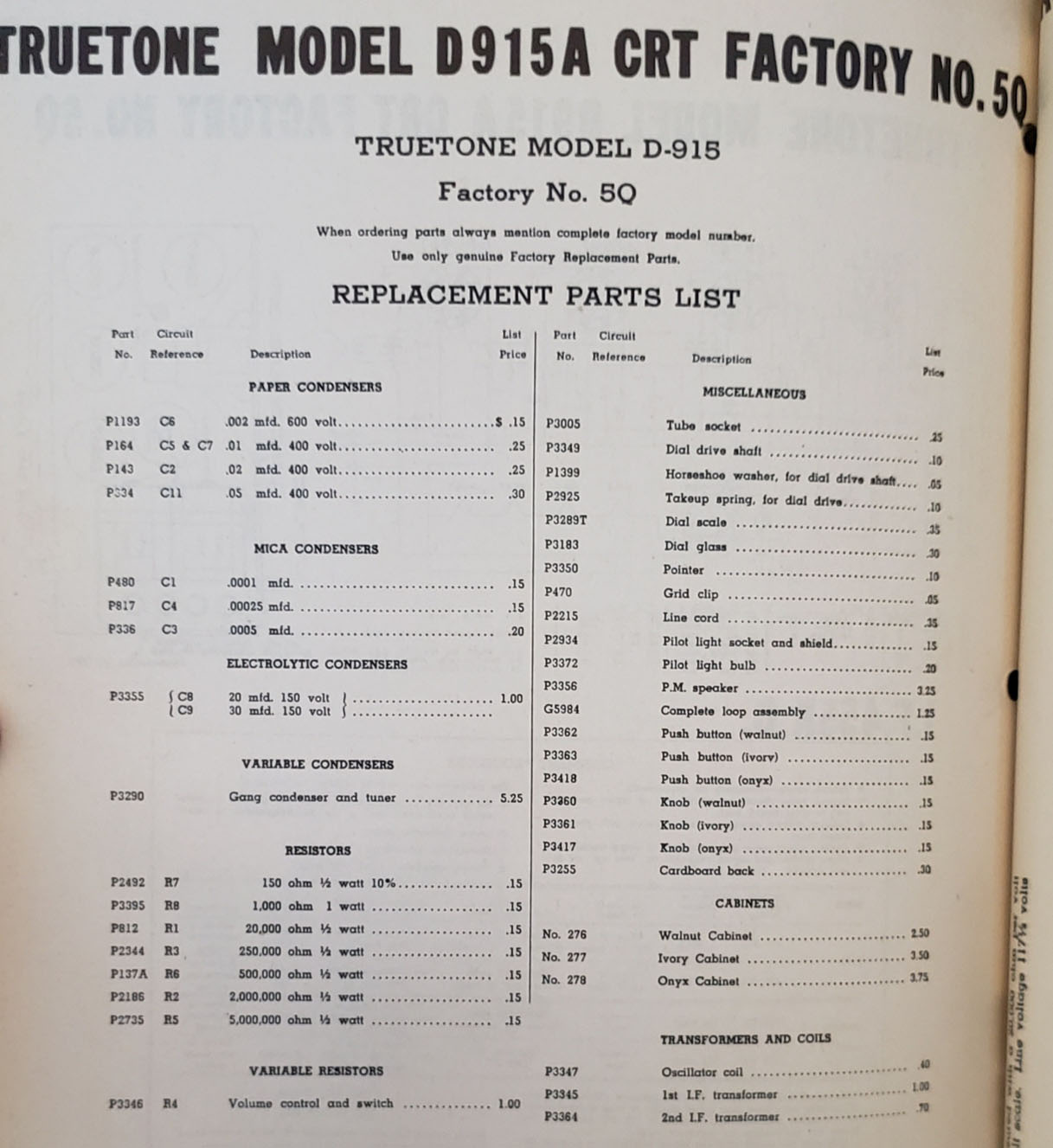 Truetone Radio model D915 parts list