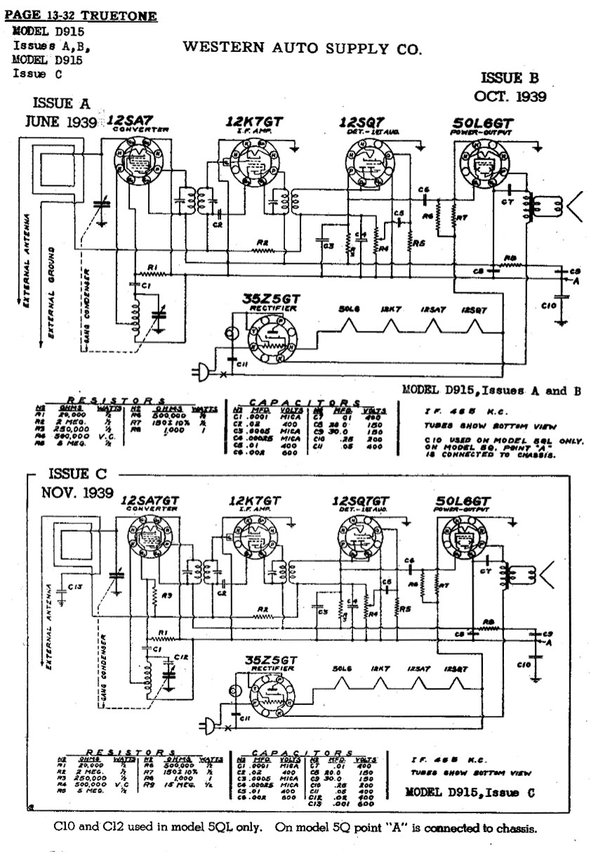 Truetone Radio model 278-5Q, 276-5Q, D915 schematics