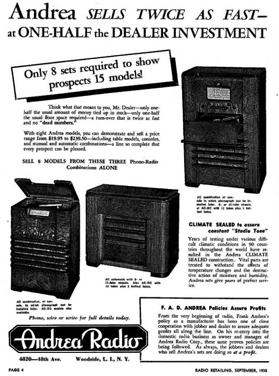 Andrea Radio Sept 1938 Radio Retailing advertisement