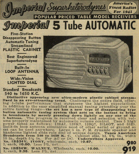 Imperial radio 1942 catalog ad with Belmont 5D128 design