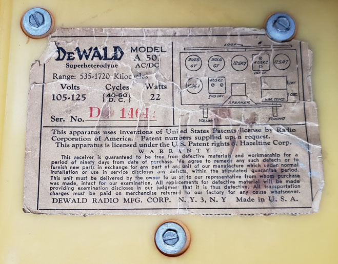Dewald Radio model A501 Harp, catalin cabinetk label