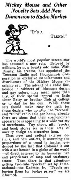 Emerson Mickey Mouse blurb from Radio Retailing October 1933
