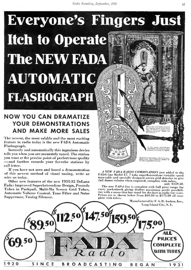 FADA Radio 1931 Flash-o-graph advertisement