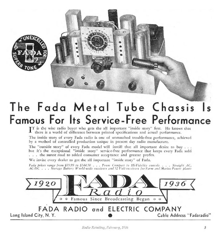 FADA Radio 1936 Radio Retailing metal tube ad