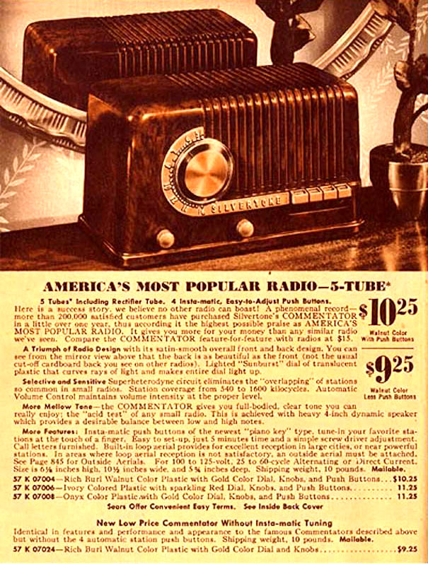 1940 Silvertone 7008, 7006, 7004, 3411, 3551, 3451, 3351 Commentator advertisement