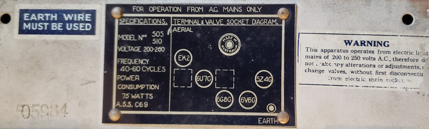 Australian Tasma Radio model 505, 510, label