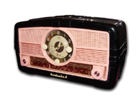 AWA Radio model Radiola 5 clock radio, black and pink cabinet, Australian