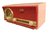 CBS Travler clock radio red and pink, late 50s