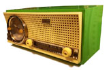 Travler clock radio, green and yellow, late 50s